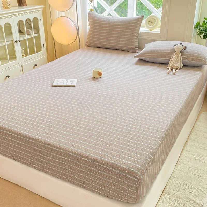 DecorBites™ Cotton Jacquard Fitted Sheet Set with 2 Pillowcases, Dustproof & Anti-Slip