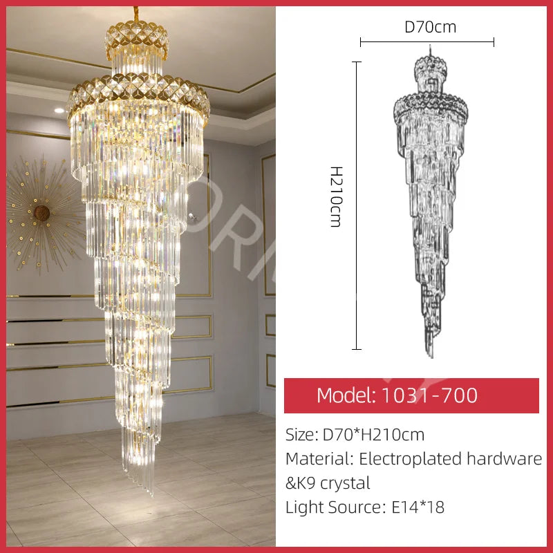 Modern Gold Crystal Staircase Long Drop Pendant Light