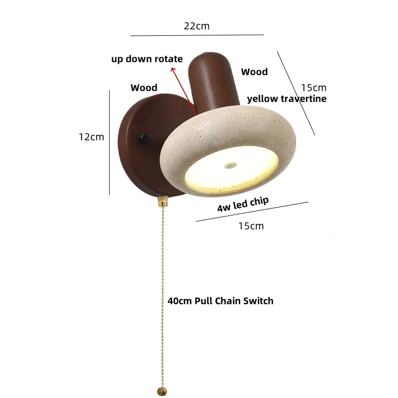 DecorBites™ LED Wall Light Fixture Up Down Rotate Pull Chain Switch Yellow Travertine Wood