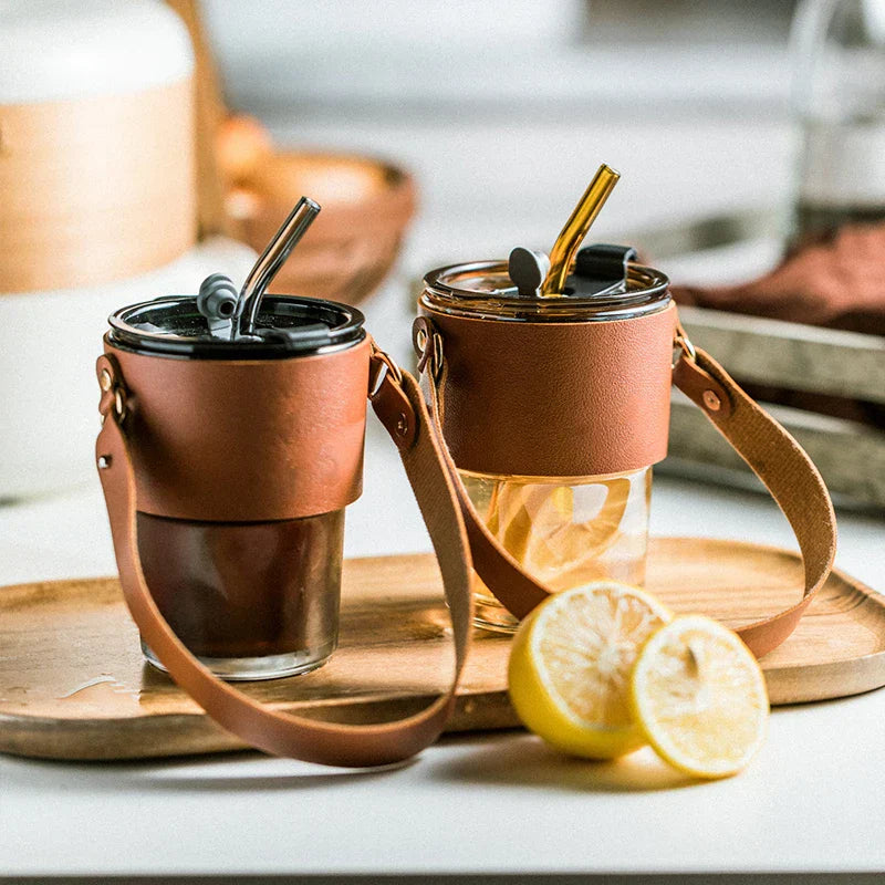 DecorBites™ 450ml Glass Coffee Cup with Lid and Straw | Stylish Heat-Resistant Glass Mug
