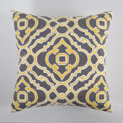 DecorBites™ Geometric Canvas Cotton Cushion Cover - Yellow Grey/White Embroidery Square Pillow Cover