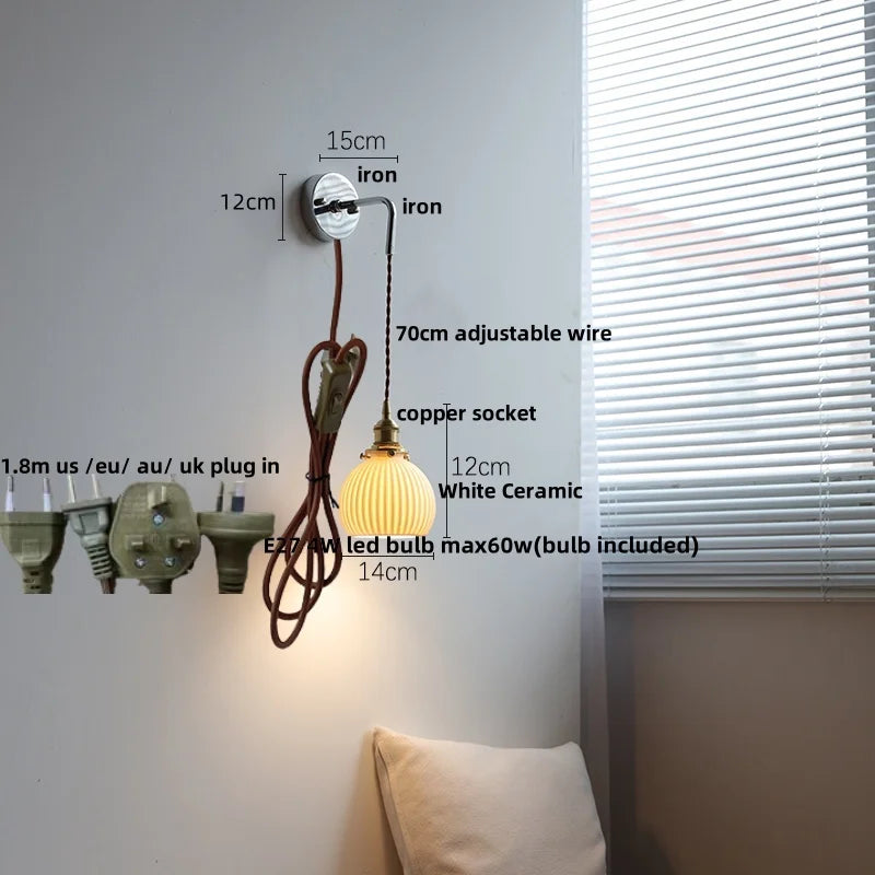 DecorBites™ Ceramic Canopy LED Wall Lamp, Adjustable Wire, Pull Chain Switch