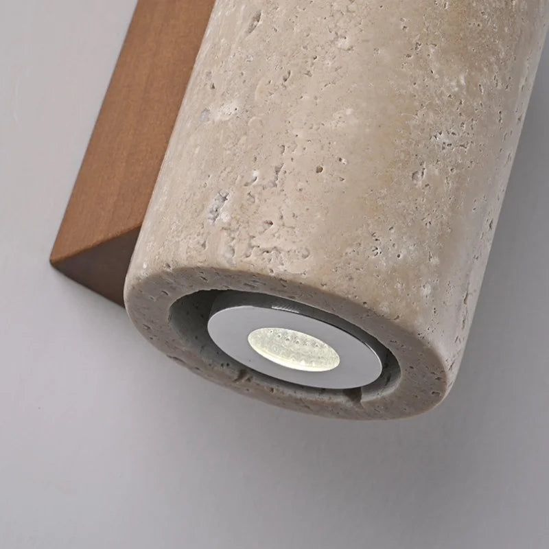 DecorBites™ LED Wall Sconce Yellow Travertine Stone Bedroom Study Cafe Wood Base Stair Light