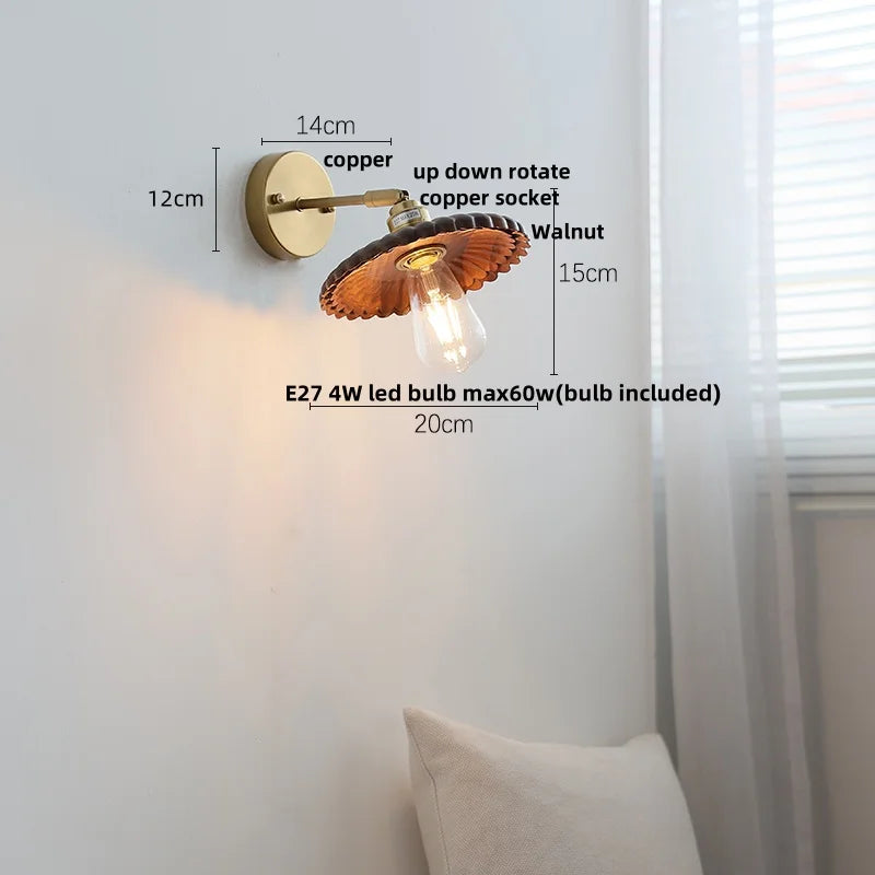 DecorBites™ LED Walnut Wood Wall Sconce Pull Chain Switch Modern Japanese Style Mirror Light