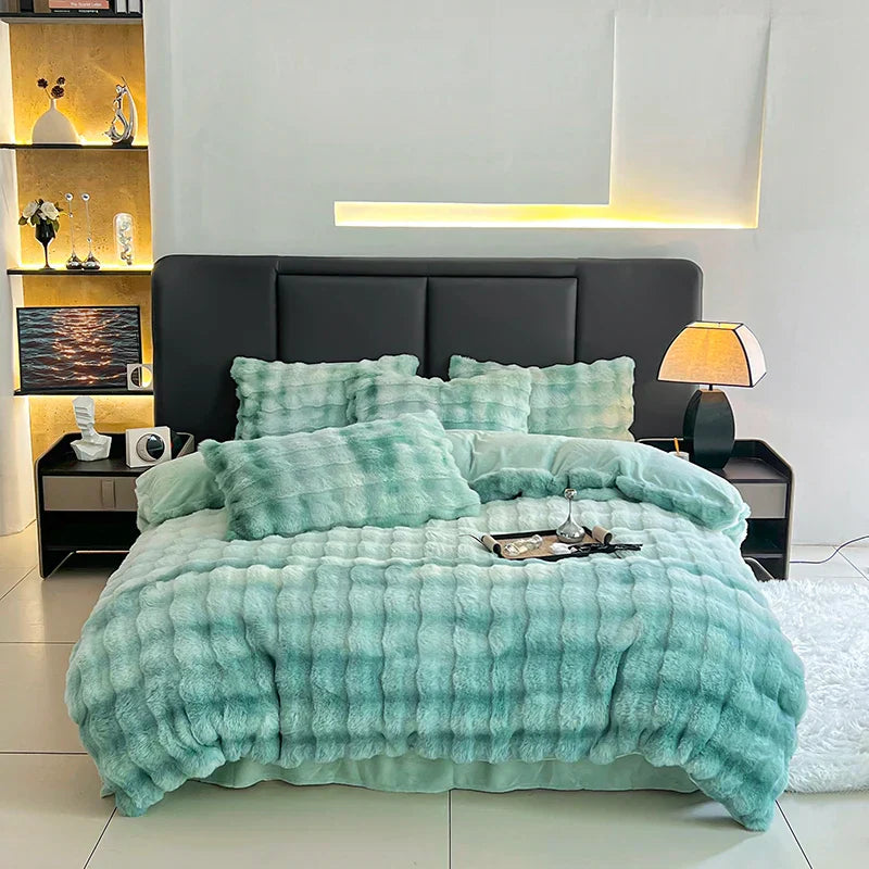DecorBites™ Gradient Gray Faux Rabbit Fur Velvet Bedding Set: Duvet Cover, Bedsheet, Pillowcase