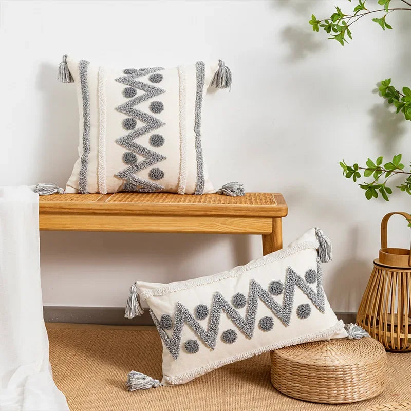 DecorBites™ Geometric Tufted Tassel Cushion Cover White Grey Bohemian Decor Pillow Cover