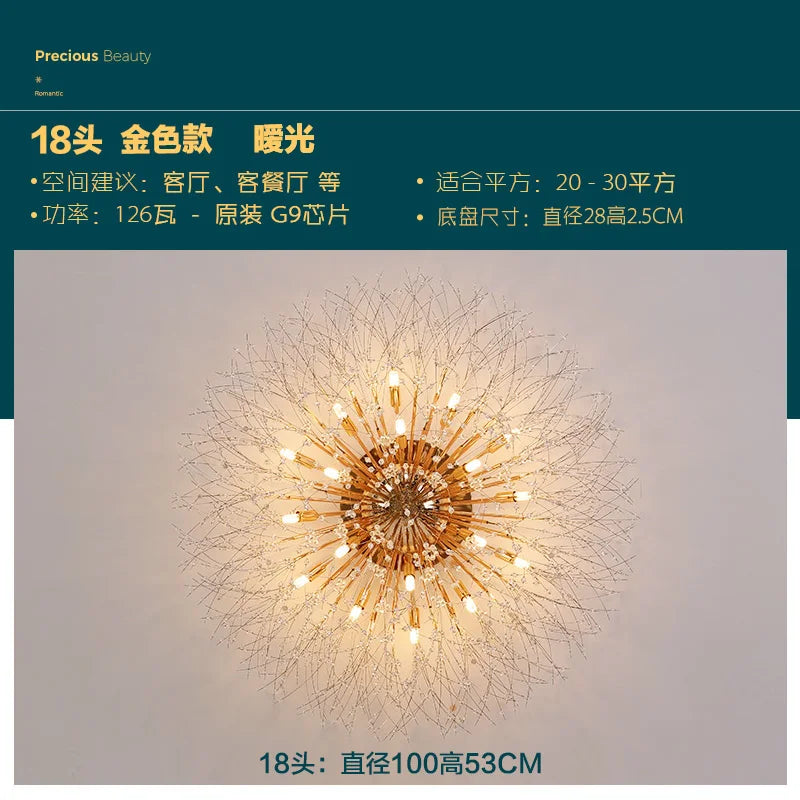 ثريا كريستال جولدن داندلايون من DecorBites™: مصباح سقف نورديك دافئ بتقنية LED لغرفة المعيشة الرومانسية.
