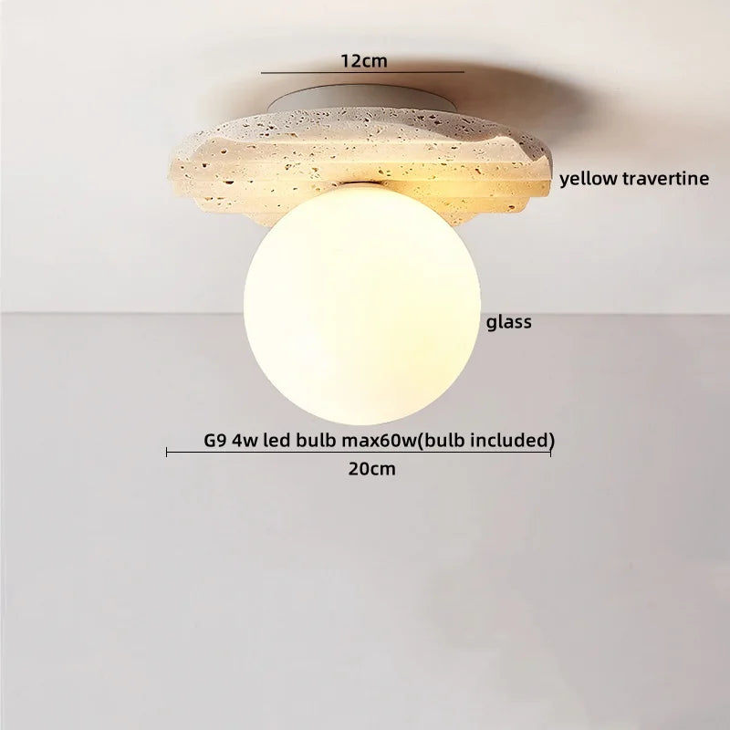 DecorBites™ مصباح سقف LED على الطراز الياباني، قاعدة خشبية حجرية من الترافرتين الأصفر لغرفة النوم