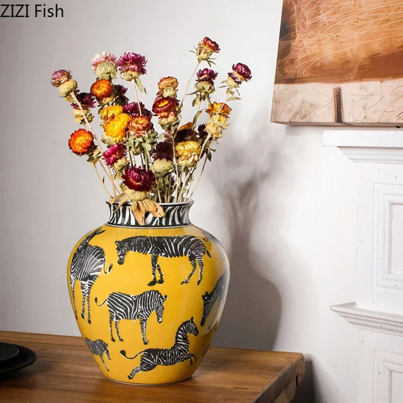 DecorBites™ Zebra Yellow Vase with Artificial Flowers for Desk Decoration