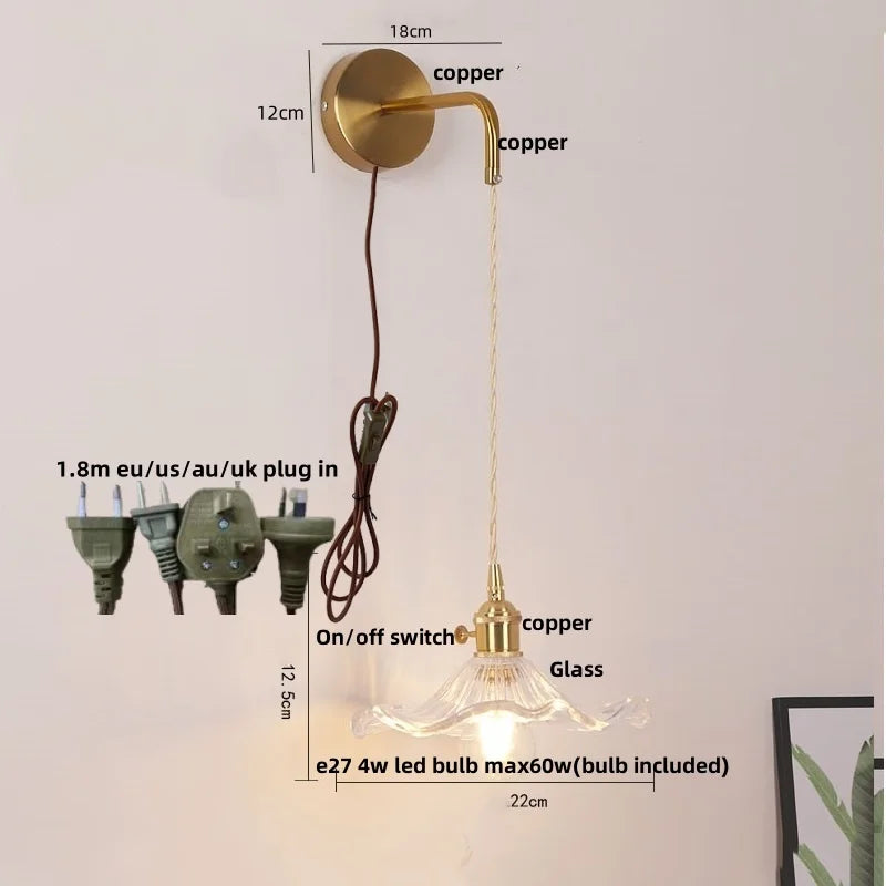 مصابيح جدارية نحاسية زجاجية DecorBites™ LED | مفتاح بسلسلة سحب | مصباح حمام قابل للتعديل