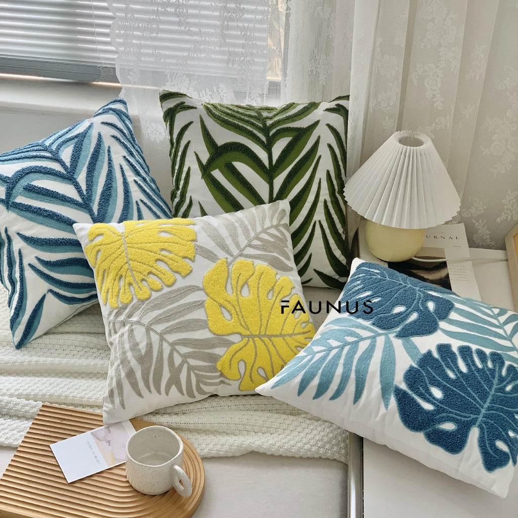 طقم غطاء وسادة قطني بتطريز أوراق الشجر من DecorBites™ - أغطية وسائد للديكور المنزلي 45x45