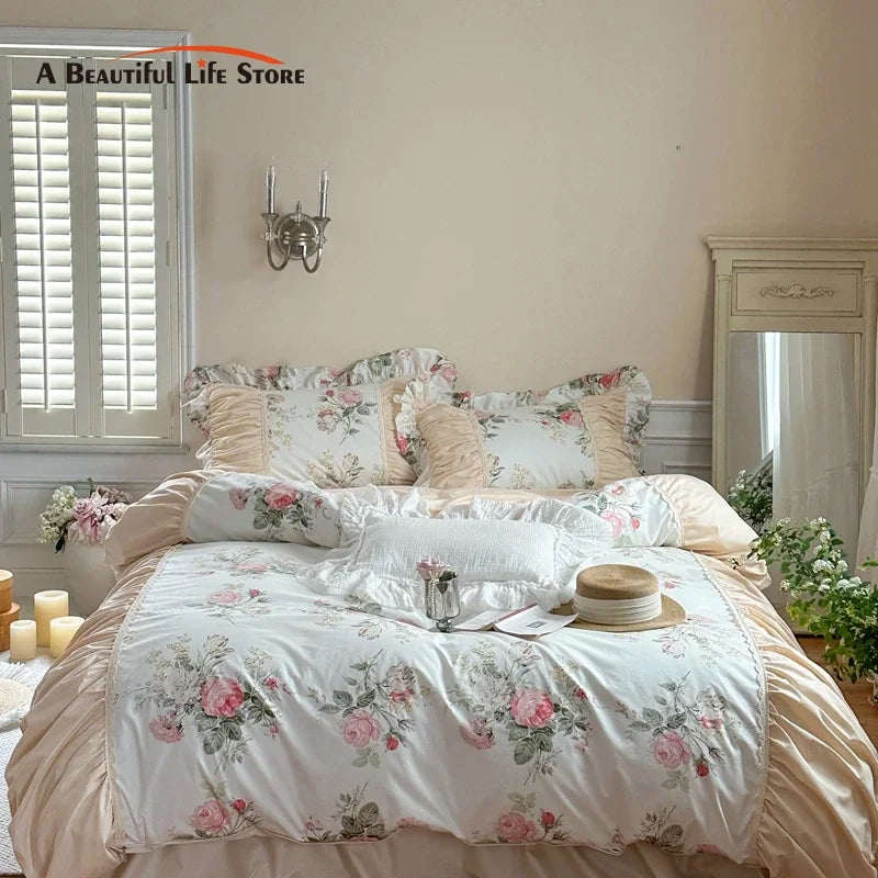 مجموعة مفروشات سرير قطنية مزينة بالورود والكشكشة بطراز الأميرة الكورية من DecorBites™