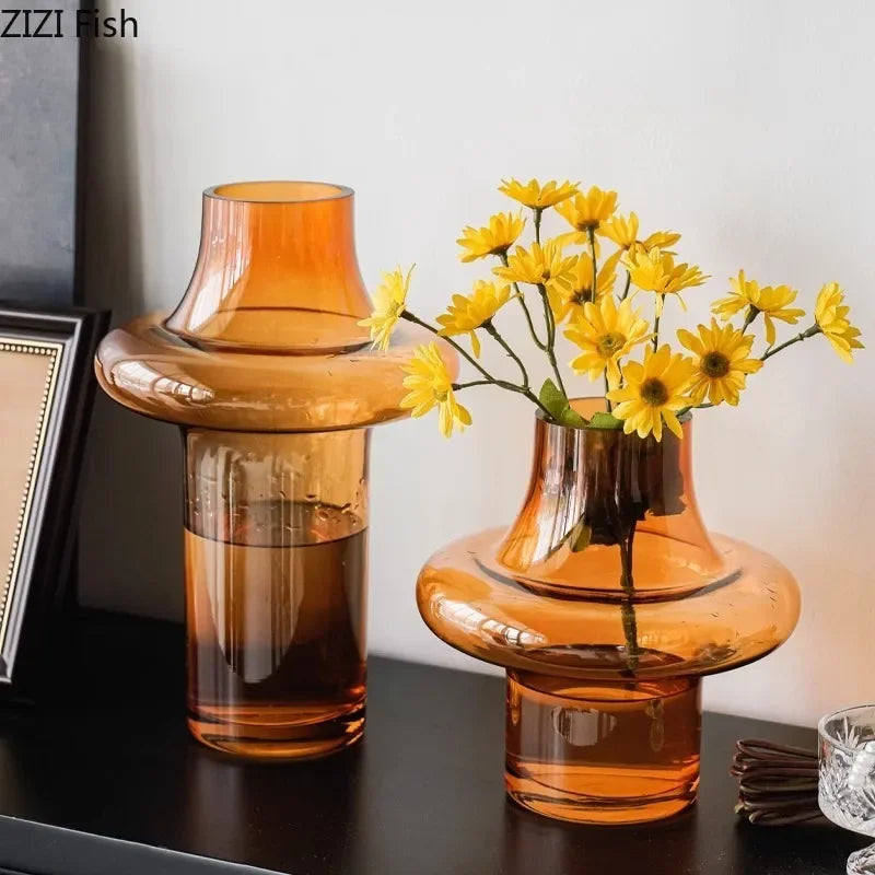 DecorBites™ Amber Glass Vase Hydroponics Flower Pots Room Decor Arrangement Floral Vases