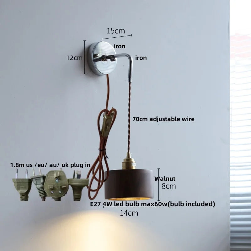 DecorBites™ Ash Wood LED Wall Light with Pull Chain Switch, Japanese Style Bedside Lamp