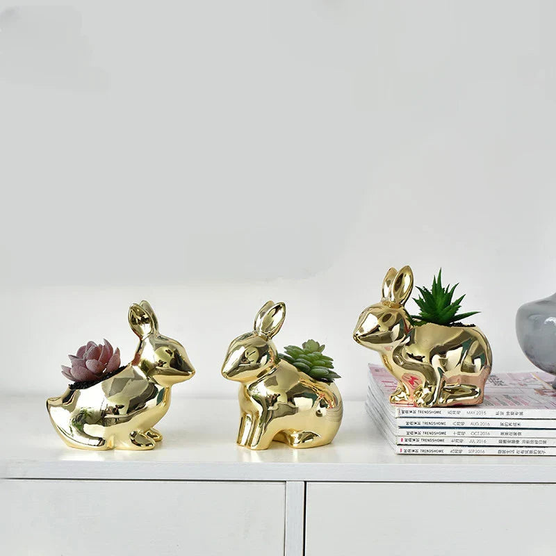 DecorBites™ Golden Rabbit Ceramic Flower Pot | Cartoon Succulent Planting Vase
