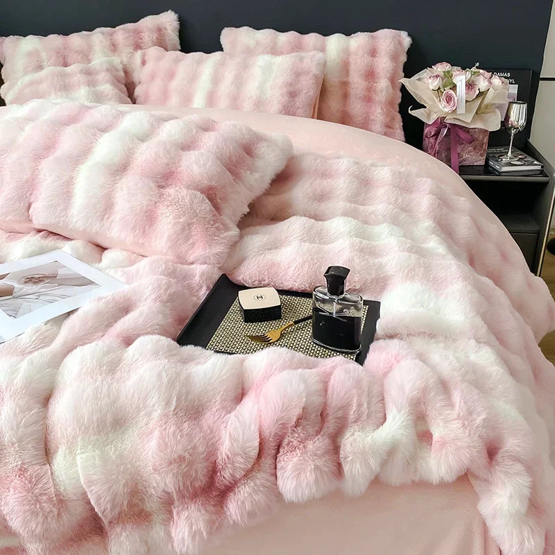 طقم مفروشات فرو الأرنب الصناعي المتدرج من DecorBites™ - أغطية لحاف قطيفة فاخرة ودافئة وأطقم لحاف