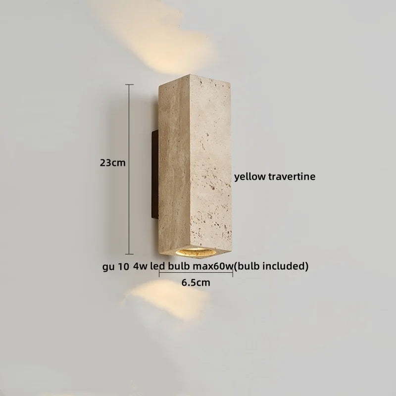 DecorBites™ LED Wall Sconce Yellow Travertine Stone Bedroom Study Cafe Wood Base Stair Light