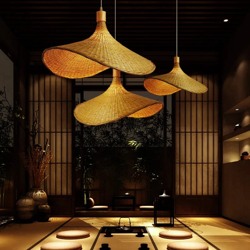 Handwoven Bamboo Straw Hat Pendant Light