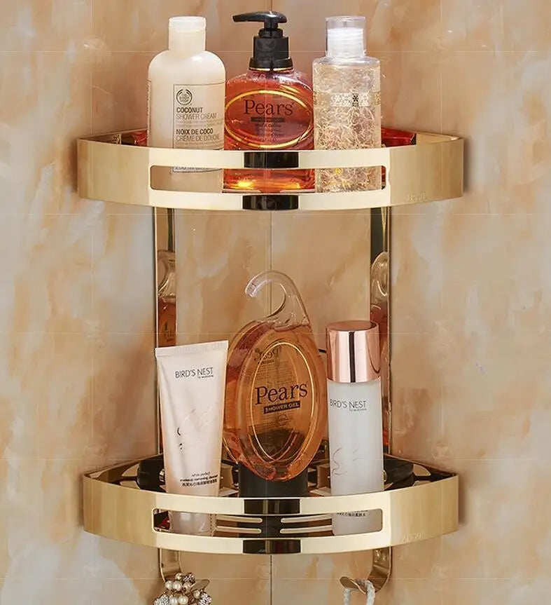 DecorBites™ Gold Stainless Steel Bathroom Corner Shelf – Rose Gold Shower Caddy