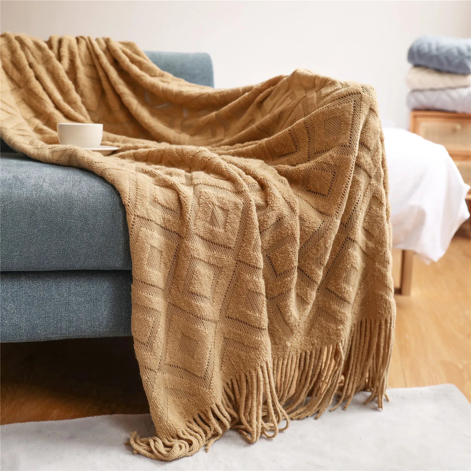 بطانية أريكة منسوجة Nordic DecorBites™ - فوطة نهاية سرير ناعمة من مزيج الصوف لديكور غرف نوم الفنادق