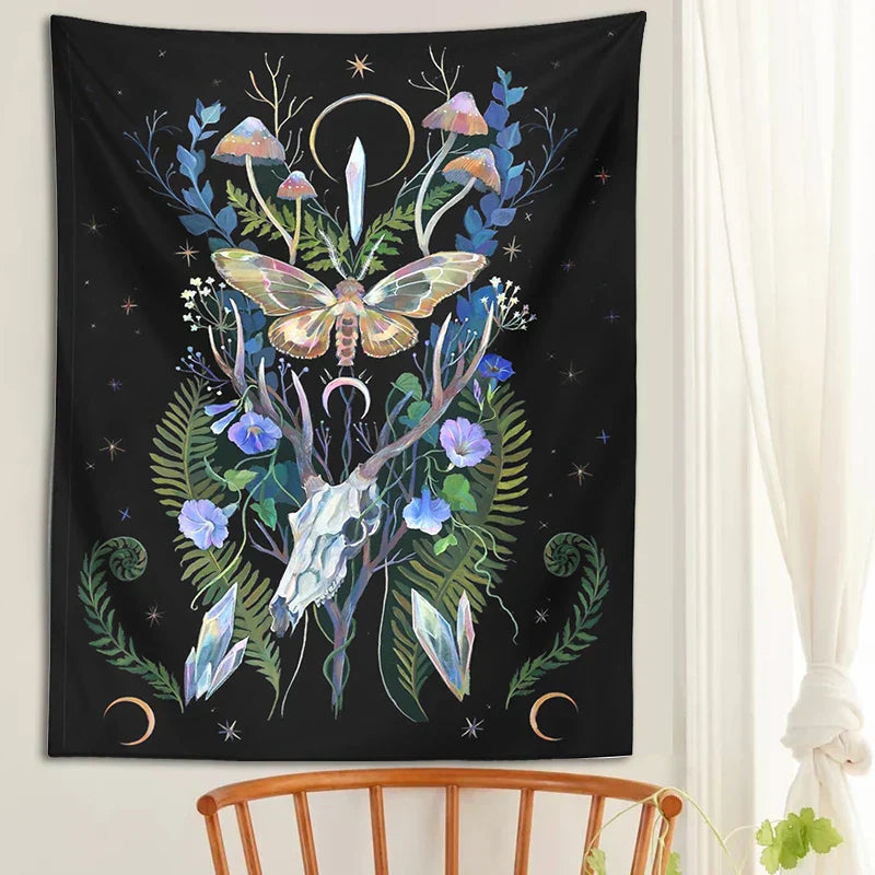 DecorBites™ جمجمة غزال عيش الغراب قمر معلقة حائطية نسيج مخدر ديكور سحر