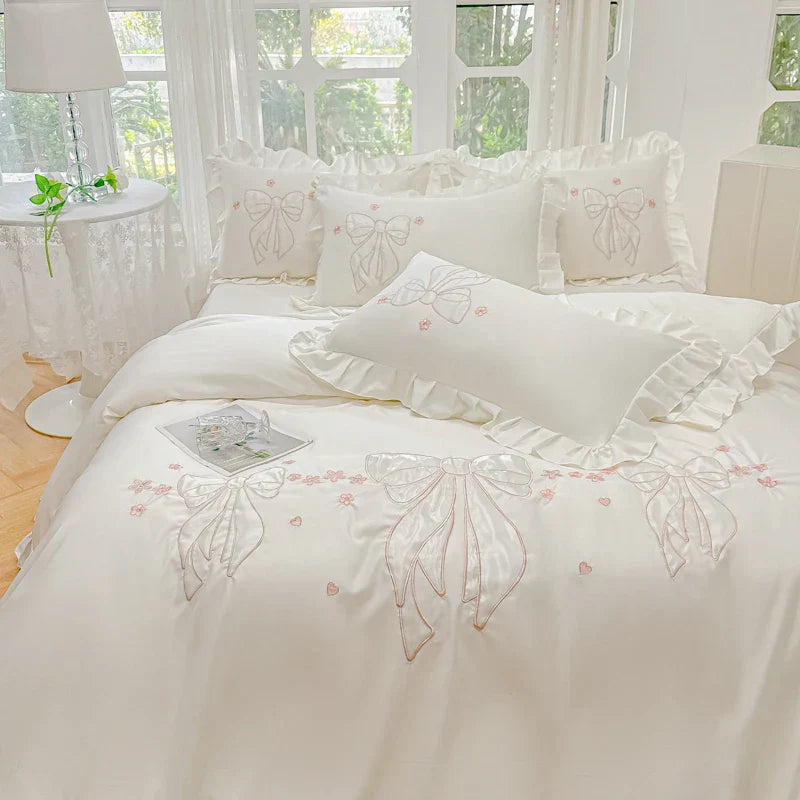 DecorBites™ Ice Silk Embroidered Ruffles Duvet Set with Cool & Skin-Friendly Feel