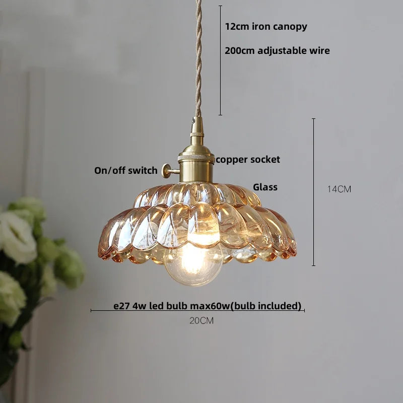 DecorBites™ Amber Glass Walnut Wood LED Pendant Lamp with Copper Knob Switch