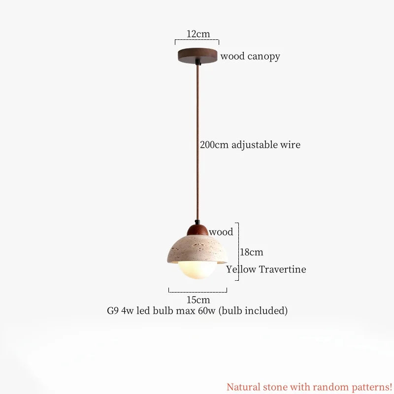 DecorBites™ Cuboid Stone LED Pendant Lights Wood Yellow Travertine Interior Lighting Hanging Lamp
