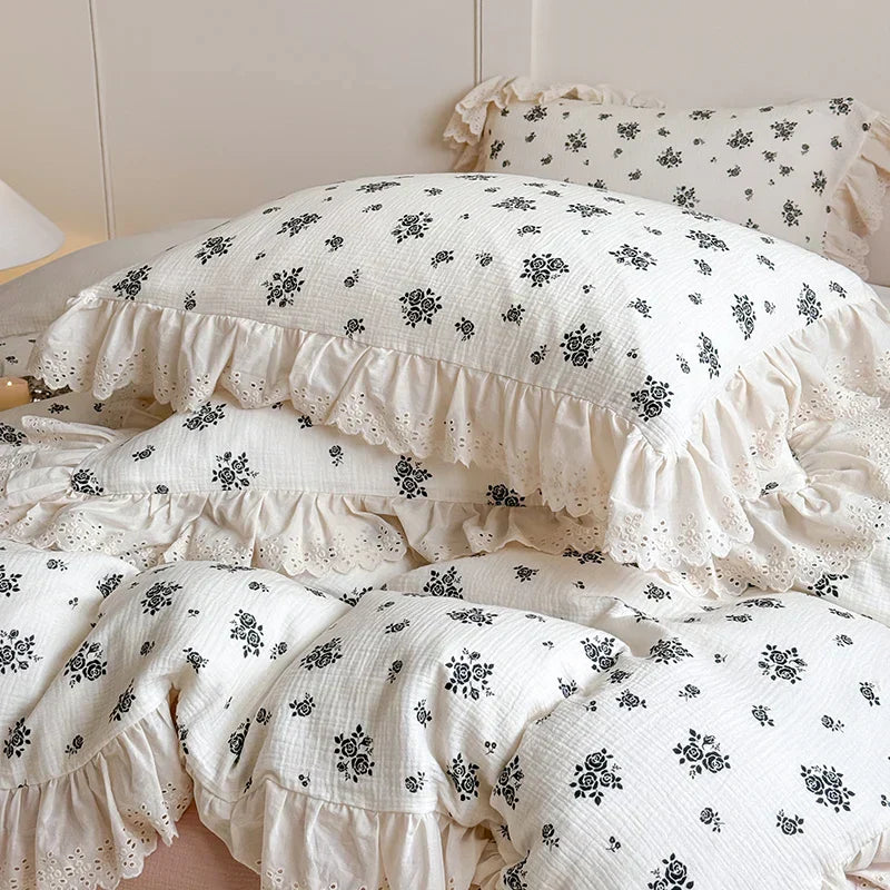 DecorBites™ French Lace Ruffles Floral 100% Cotton Bedding Set with Duvet Cover, Sheet, Pillowcases