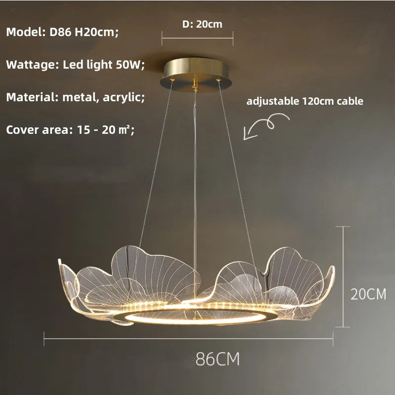 DecorBites™ Ginkgo Acrylic LED Pendant Chandelier Light, Gold Metal, Dimmable, Modern Minimalism