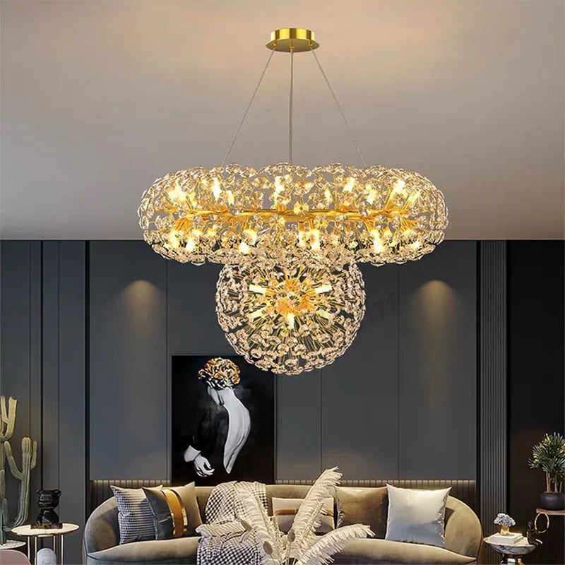 ثرية كريستال ذهبية من DecorBites™: مصباح LED فاخر معلق لغرفة المعيشة والطعام