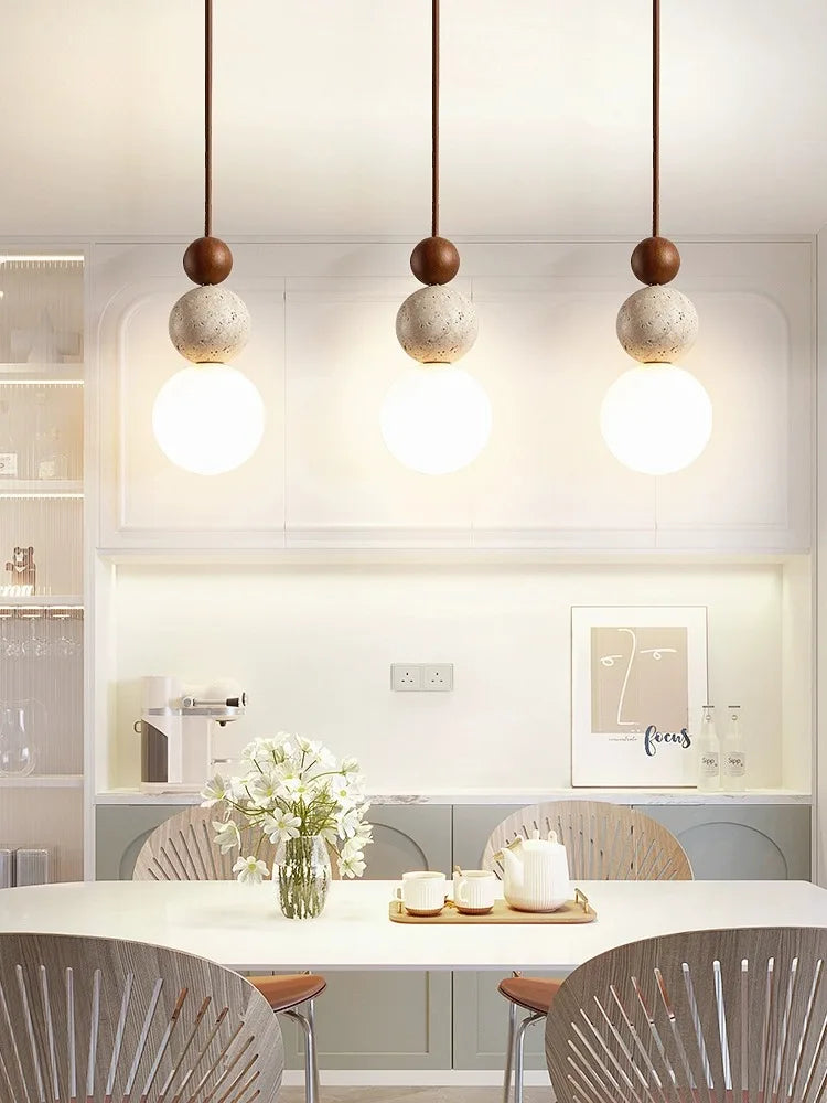 DecorBites™ Cream Style LED Pendant Lamp for Bedroom and Bar - Designer Stone Wood Chandelier