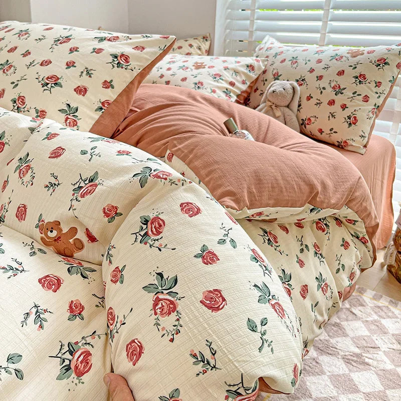 DecorBites™ Cotton Flower Printed Comforter Set: Breathable Double-Layer Yarn, Soft Bedding for Girls