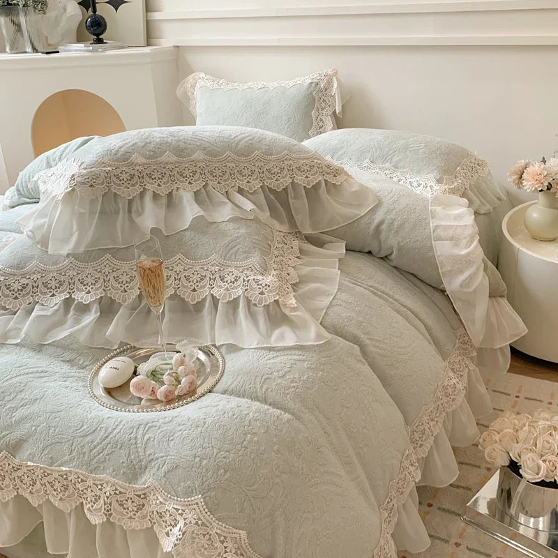 DecorBites™ French Lace Ruffles Velvet Bedding Set, Furry Duvet, Sheet, Pillowcases