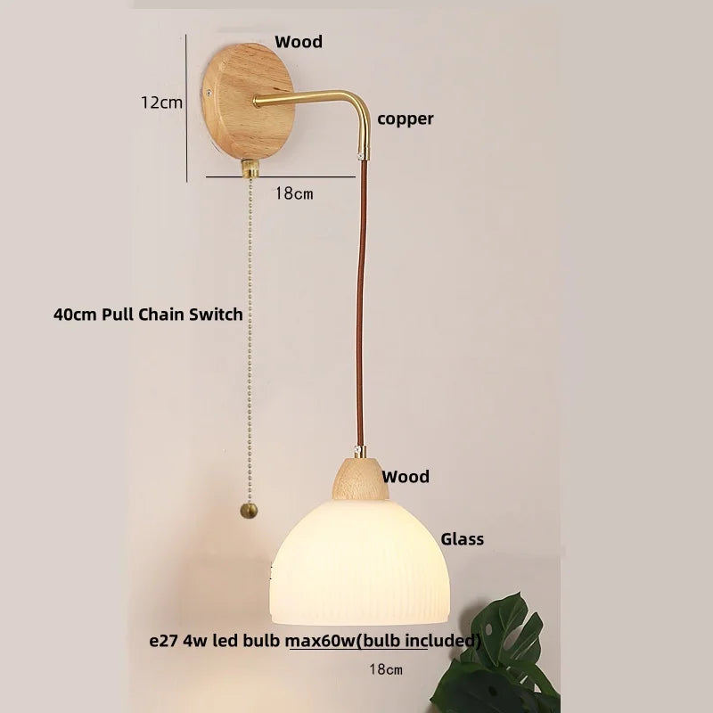 DecorBites™ Clear Glass LED Wall Lights with Wood Pull Chain Switch, Modern Art Bedside Lamp