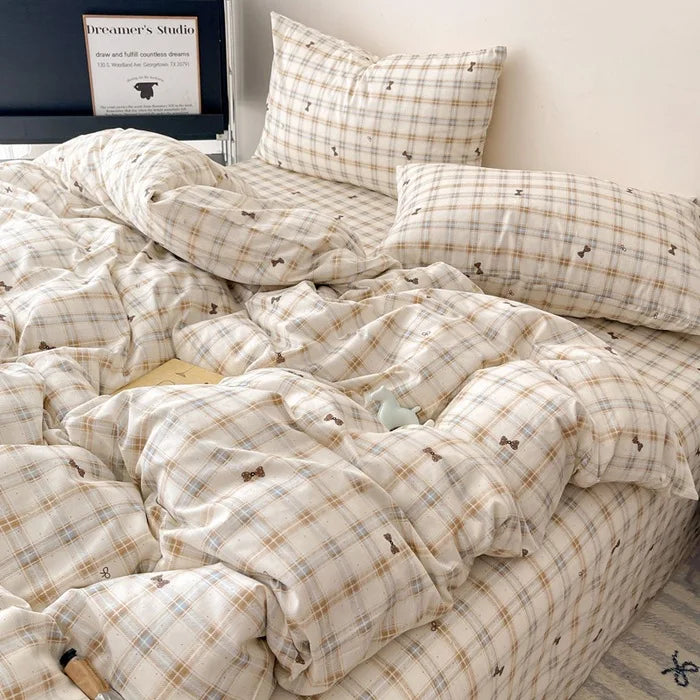 DecorBites™ Cotton Grid Bedding Set - Soft & Stylish Bed Sheet, Quilt Cover Kit