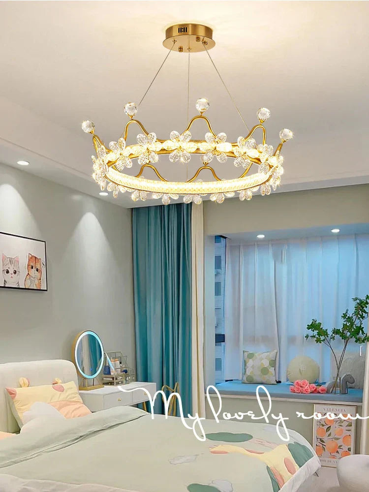 DecorBites™ Crystal Chandelier: Nordic LED Luxury Round Crown Petal Design for Girls' Bedroom