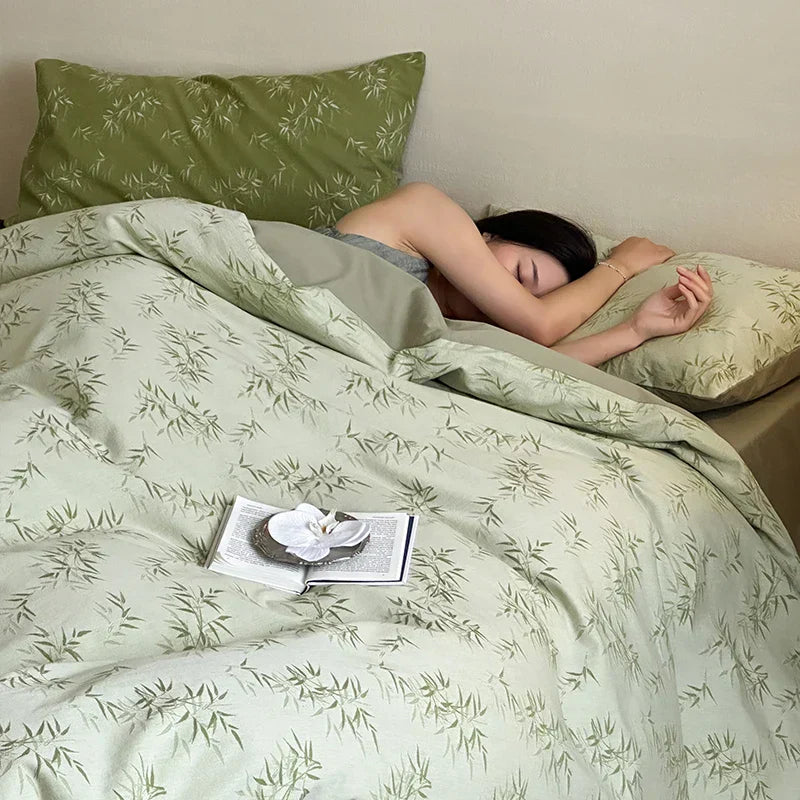 Parure de lit jacquard feuilles de bambou DecorBites™ : Douce et confortable, 100 % coton, verte, pour adultes et enfants.