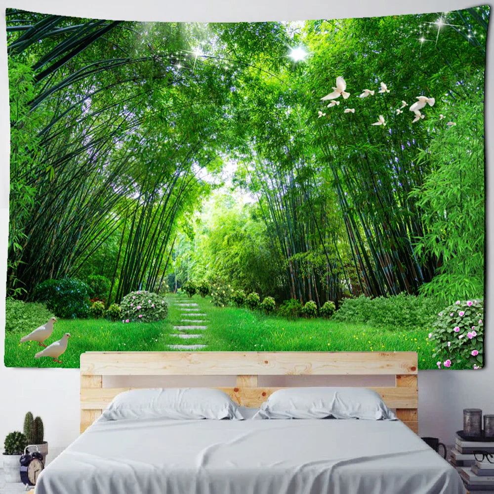DecorBites™ Bamboo Forest Pigeon Path Tapestry: Hippie Psychedelic Wall Hanging for Natural Home Decor