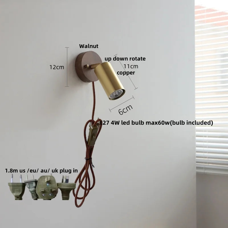 DecorBites™ Copper Lampshade LED Wall Sconce Pull Chain Switch Nordic Modern Walnut Wood Mirror Light