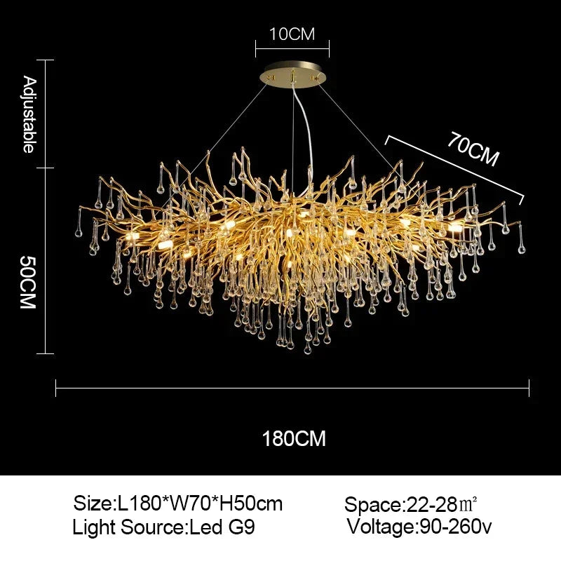 DecorBites™ Branch-shaped Golden Crystal Chandelier for Villa Bedroom and Living Room