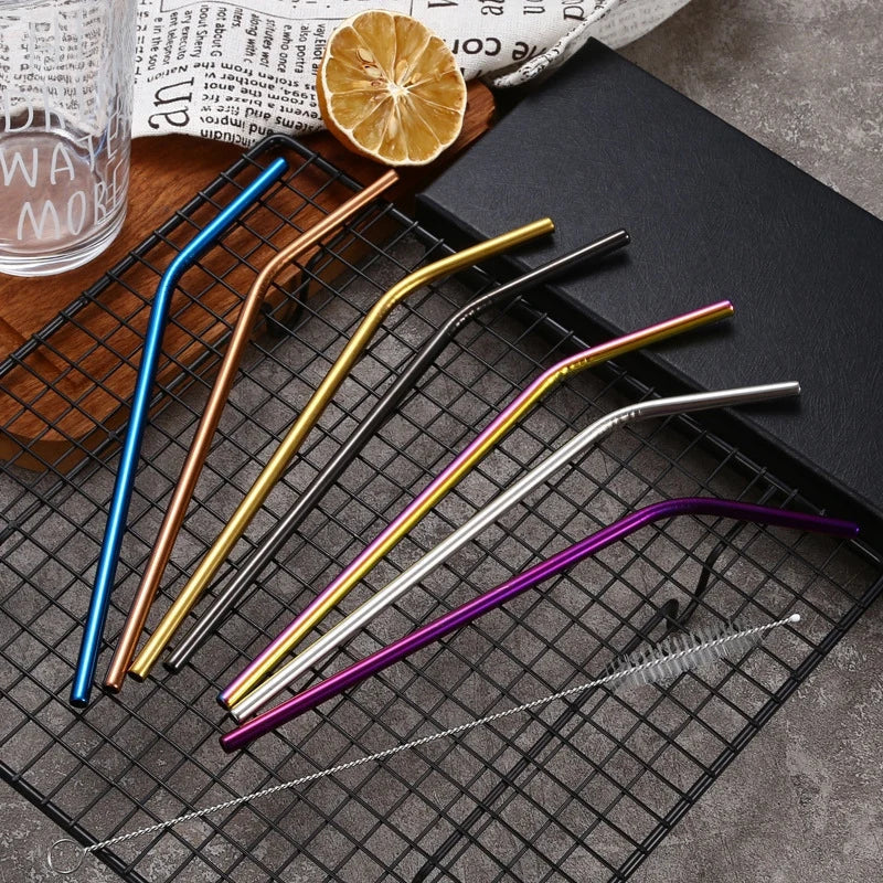 DecorBites™ 304 Stainless Steel Reusable Straws Set for Drinks - Eco-Friendly Metal Curved & Straight