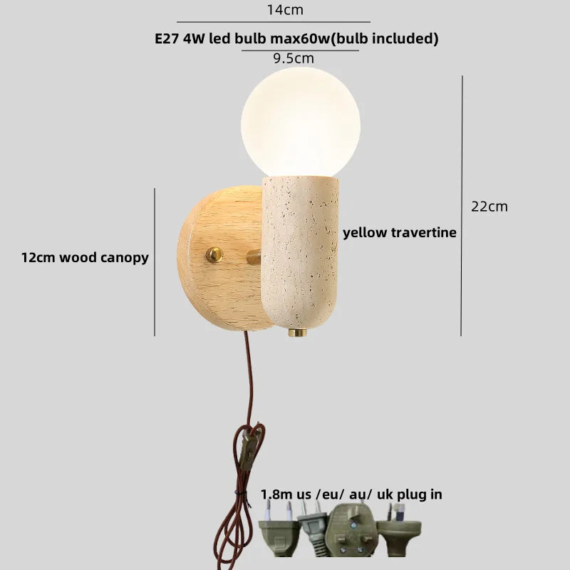 DecorBites™ LED Wall Sconce Pull Chain Switch Modern Wood Yellow Travertine Stair Light