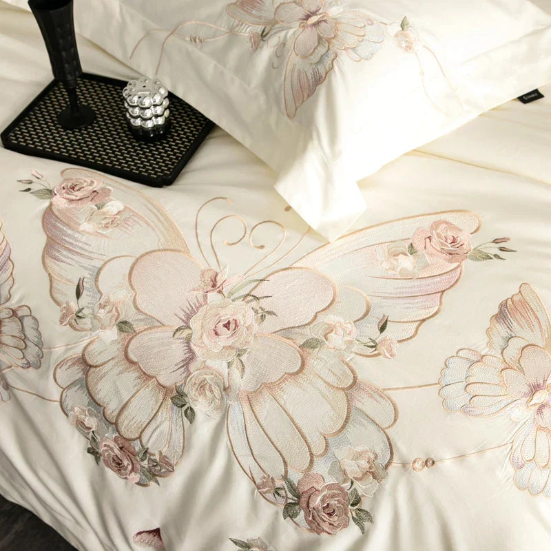 طقم مفروشات DecorBites™ Luxe Butterfly Flowers Embroidery عدد 800 خيط غطاء لحاف وملاءات ووسائد من القطن المصري