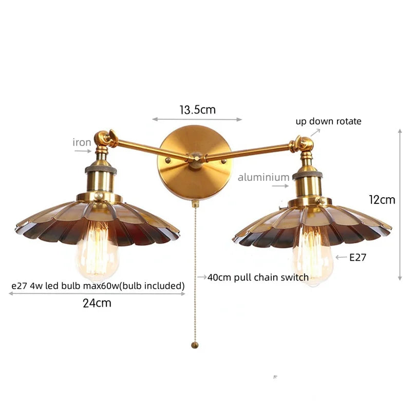 مصباح جداري صناعي ريترو DecorBites™ LED برأسين ومفتاح بسلسلة سحب