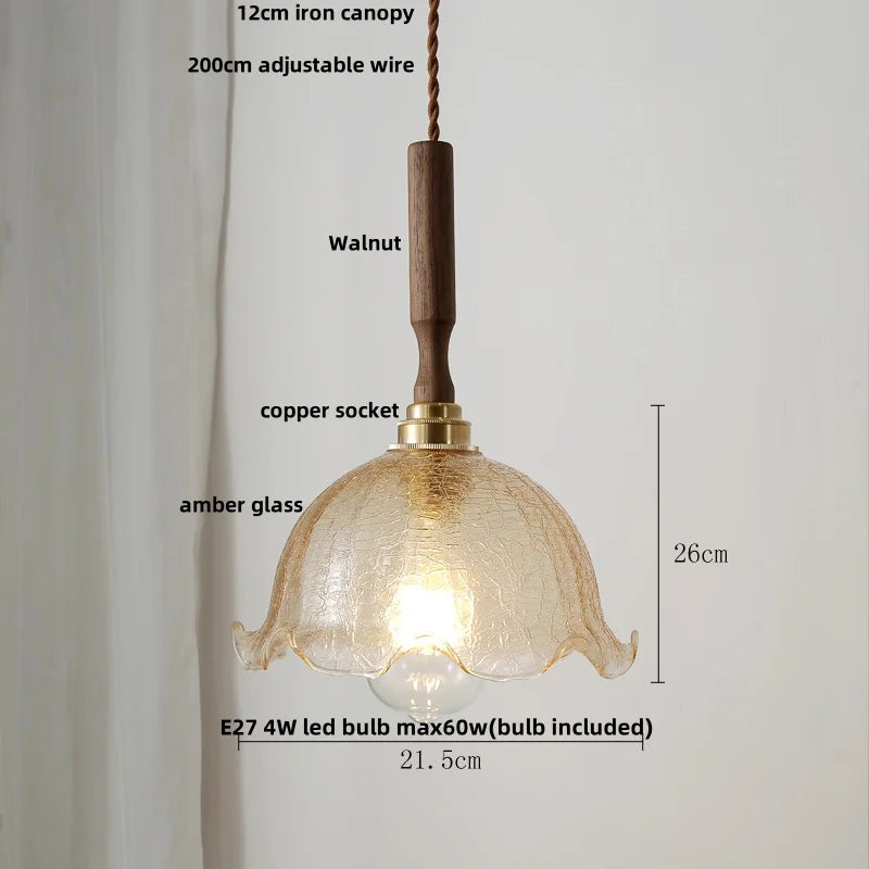 DecorBites™ Amber Glass LED Pendant Lamp with Walnut Wood Accent - Modern Nordic Hanging Light