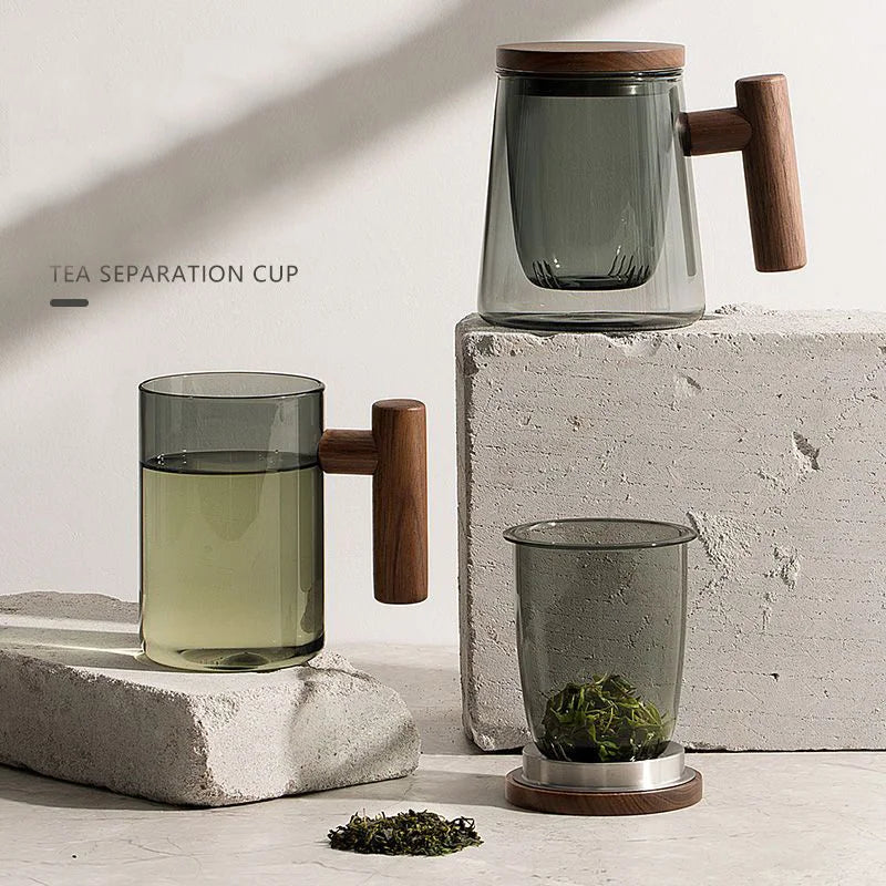 DecorBites™ Glass Tea Cup Set with Wood Handle for Puer, Heat Resistant Kung Fu Style