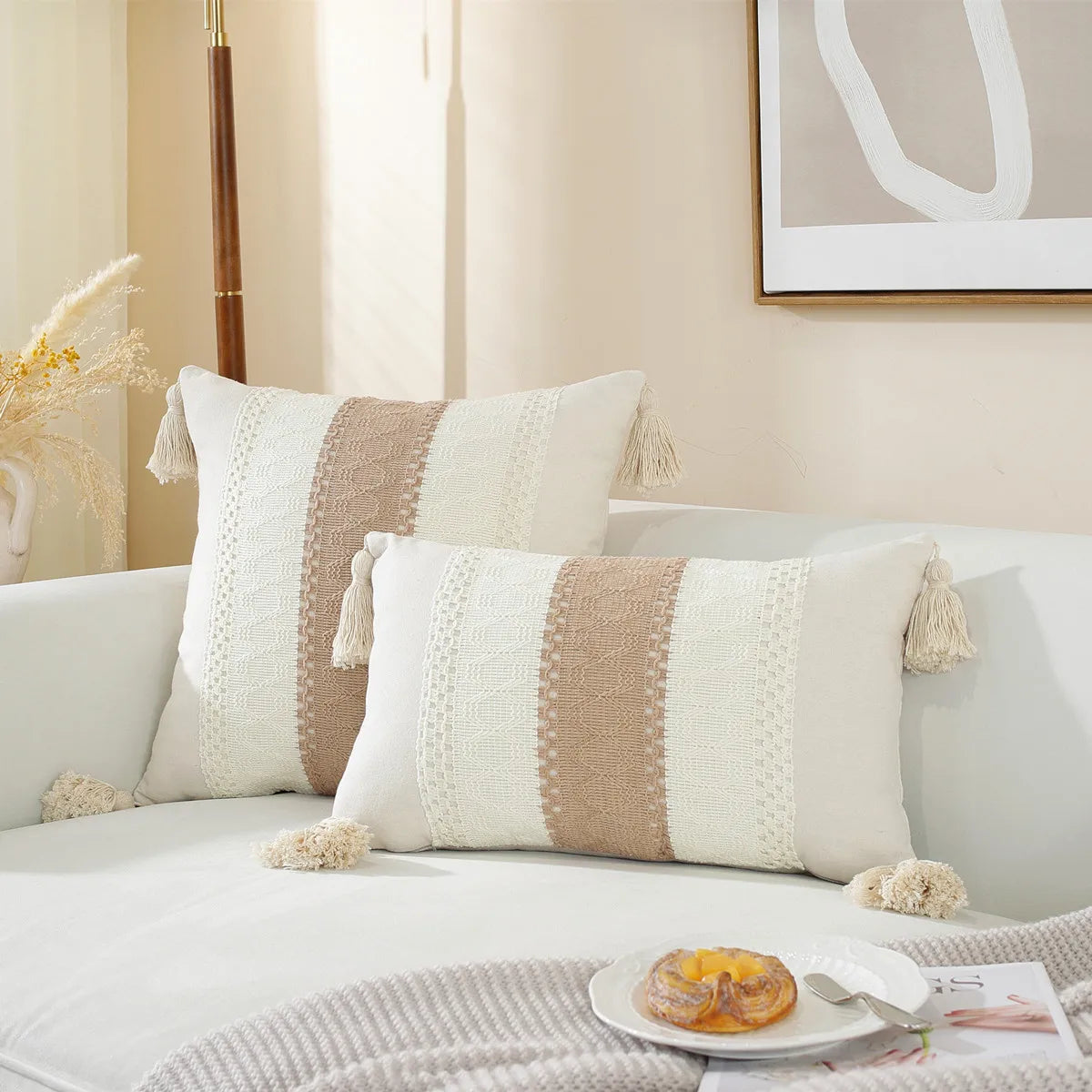 DecorBites™ Linen Stripe Diamond Woven Cushion Cover 45x45cm with Tassels