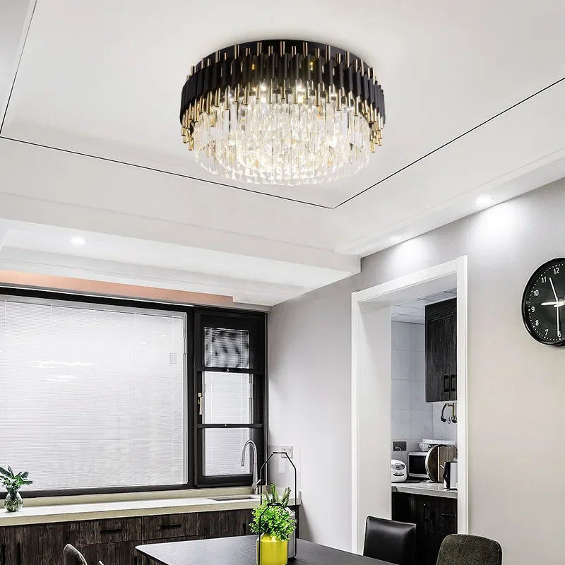 ثريات سقف كريستالية ذهبية وسوداء من DecorBites™: مصابيح LED معلقة عصرية مستديرة للمطابخ لإضاءة المنزل