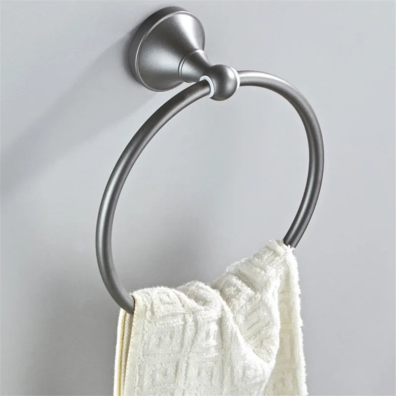 DecorBites™ Gray Bathroom Accessories Set: Towel Rack, Toilet Brush Holder, Shelf, Soap Dish